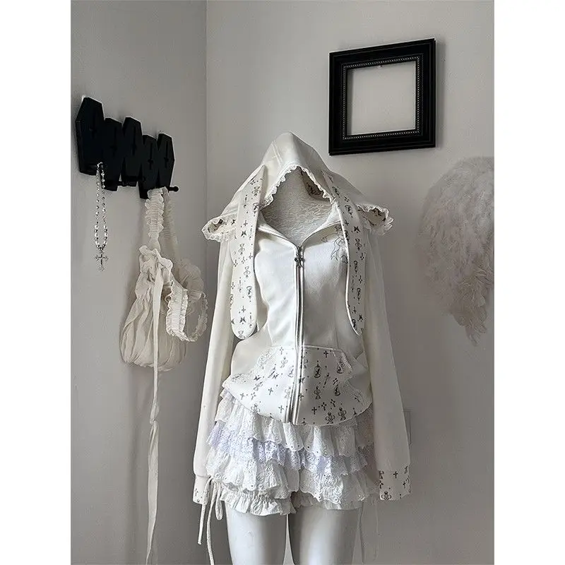 Y2k Clothes Autumn Jacket Cute Rabbit-Ear Lace Patchwork Sweet Lightweight Zip-Up Cardigan Long-Sleeve Jackets Zipper Sweatshirt