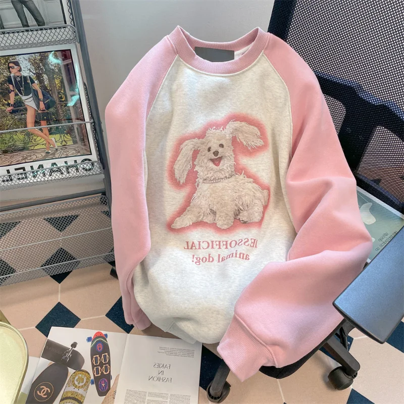 

Men‘s Sweatshirts Cute Puppy Color Contrast Raglan Sweater Women Autumn Winter Plus Velvet Round Neck Bottoming Shirt Tops