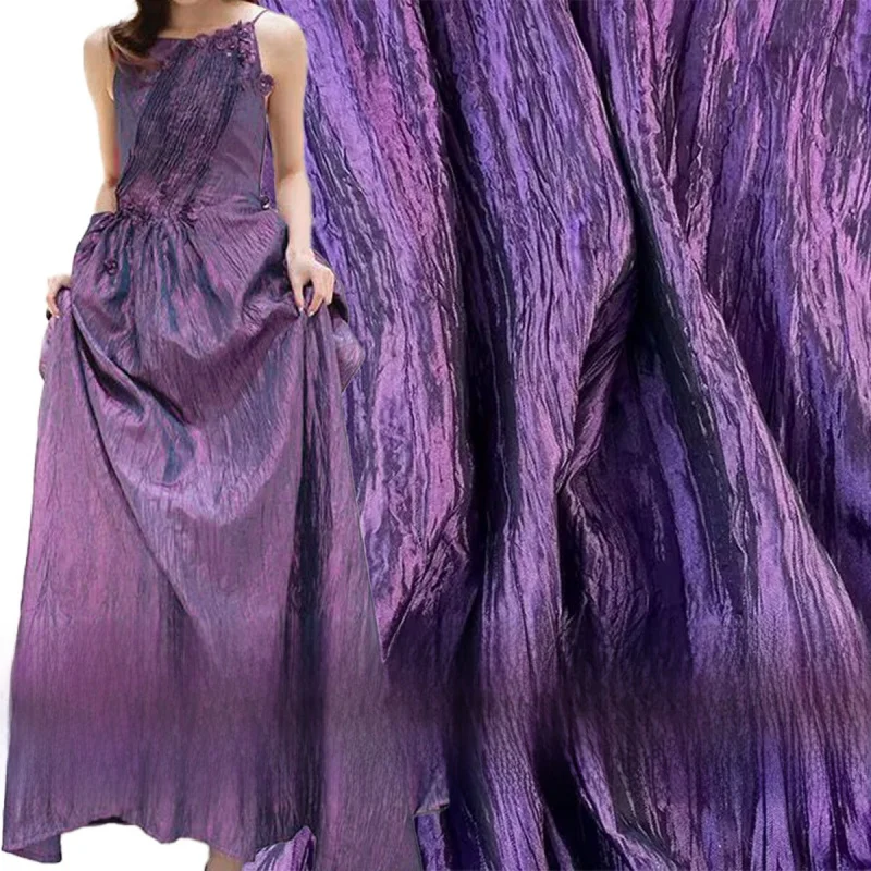 Solid color white and dark purple pleated fabric with a glossy texture, designer fabric for fashion dresses