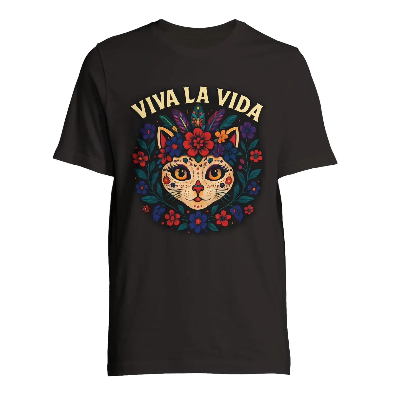 Cat T Shirt Viva La Vida Día de los Muertos design with flowers and feathers unisex in XS 5XL vintage Washed