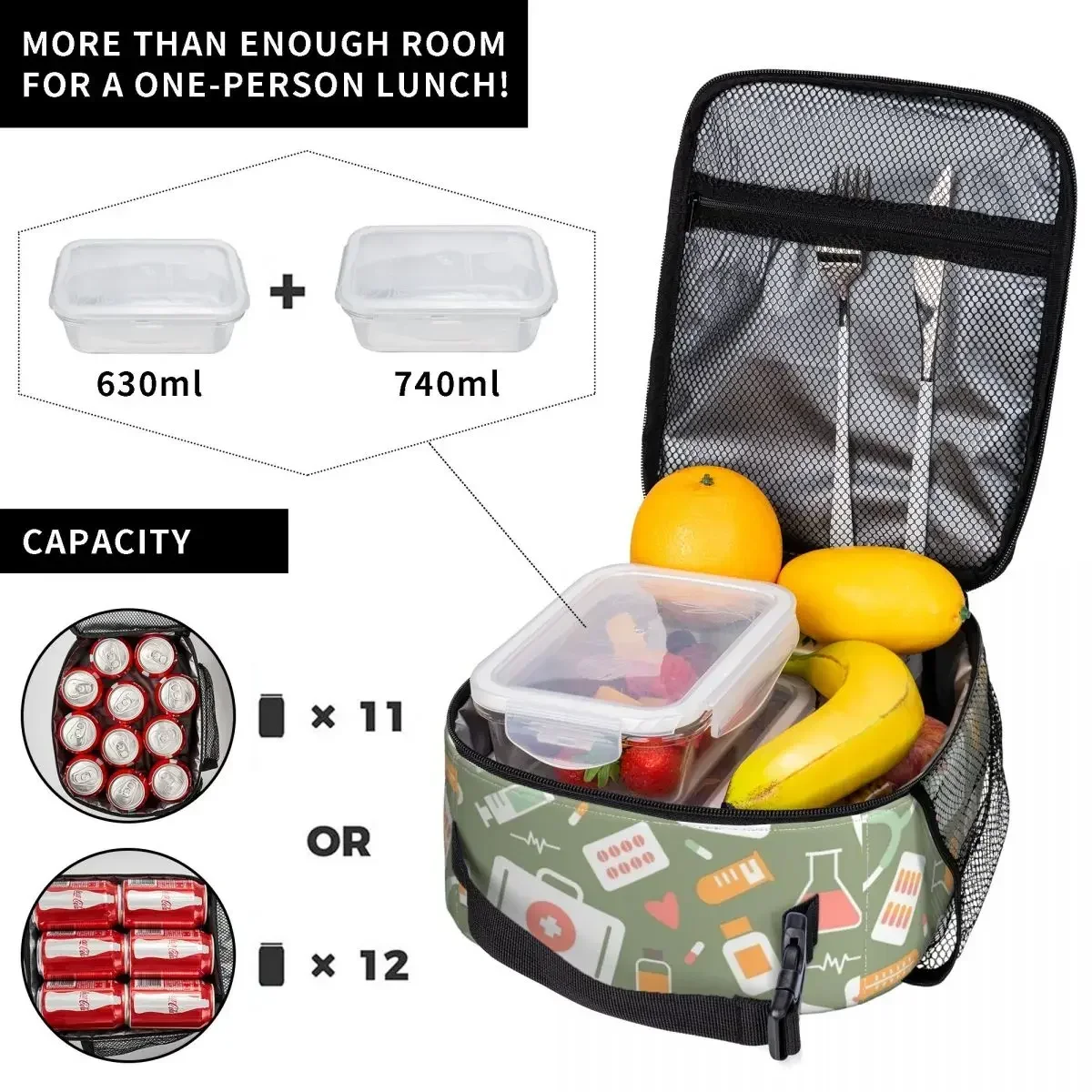 Nurse Healthcare Pattern Merch Insulated Lunch Tote Bag For School Office Food Storage Bag Portable Thermal Cooler Lunch Box - view 4