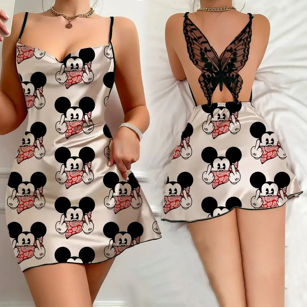 Sexy Romantic Suspender Skirt for Women Fashion Back Butterfly Hollow out Design Women's Pajama Mickey Pattern Sleeping Dress