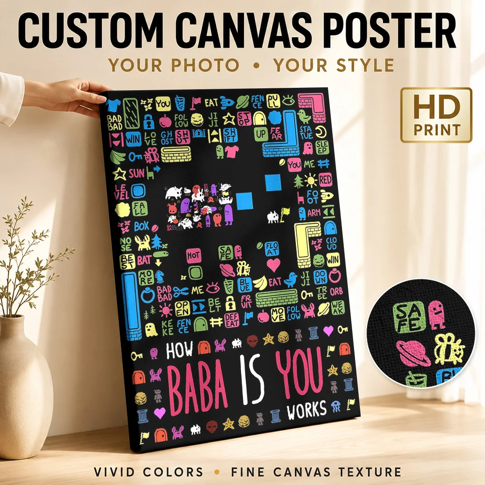 Baba Is You Game Mechanics Framed Canvas Poster Personalized Photo Graphic Wall Art For Gaming Desk Area, Adventure Fan Gift