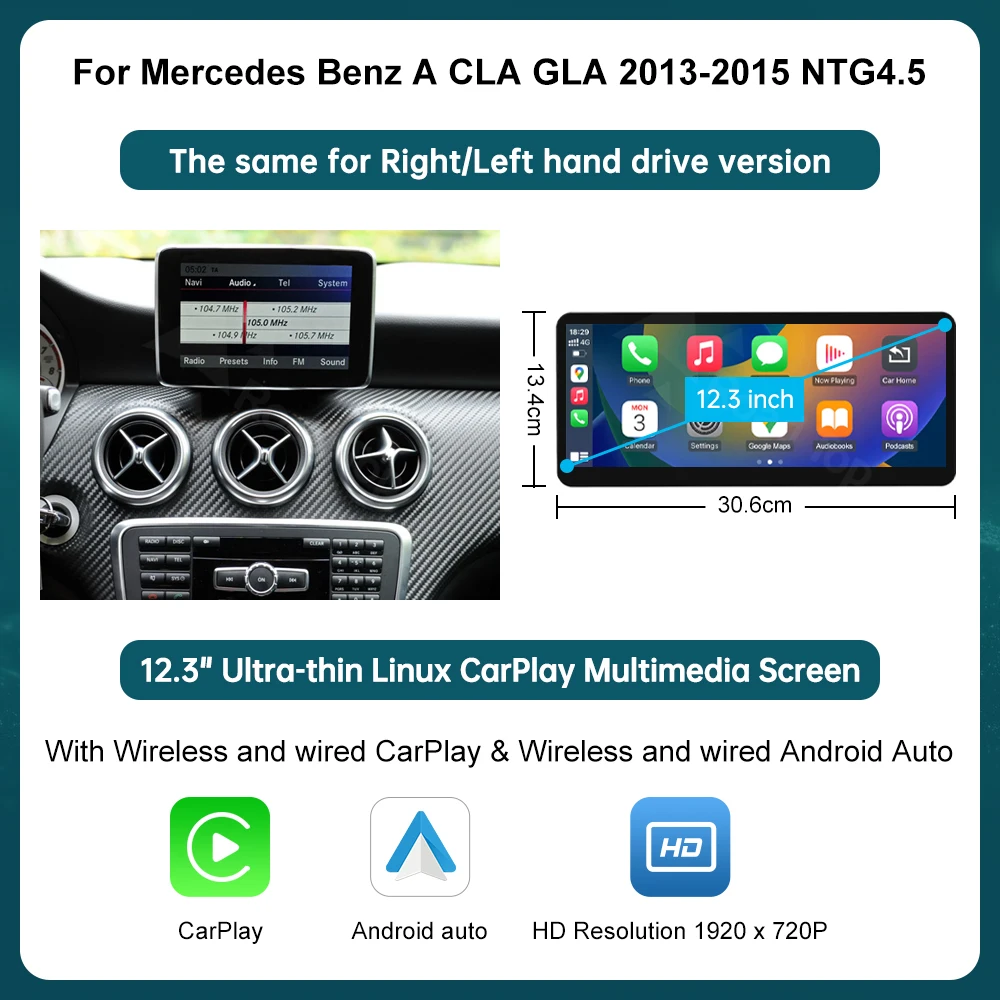 12,3 inch draadloos CarPlay Android Auto multimediascherm voor Mercedes-Benz A W176 B W246 CLA GLA Klasse 2013 tot 2015