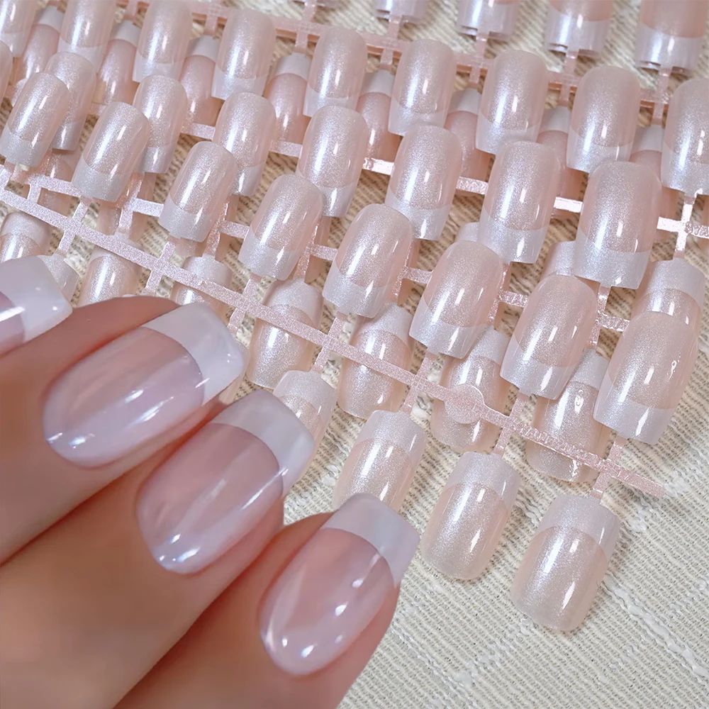 120 Stück französische Perlglanz-Kunstnägel, kurze Mandel-Vollabdeckung, zum Aufdrücken des Nagels, weißes Randdesign, 12 Größen, rosa französische falsche Nagelspitzen