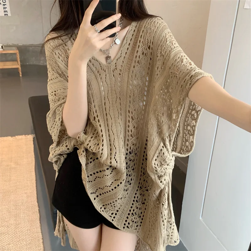 

Women Knitted Pullovers Jumpers Solid Thin Sweaters Cutout V Neck Short Sleeves Loose Office Lady Elegant Casual 2026 Summer