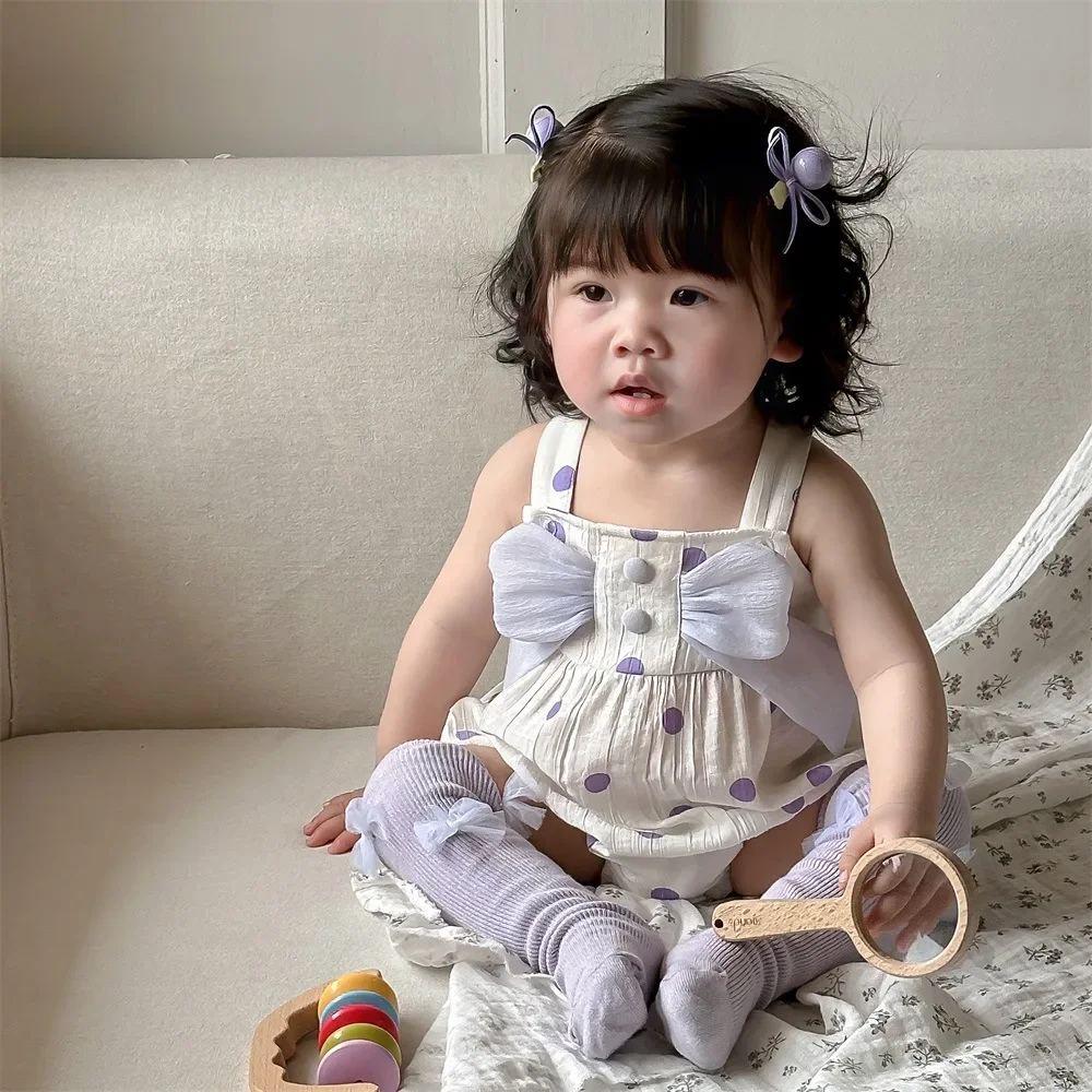 Girls Pants 2024 Summer Childrens Clothes Girls Baby Purple Advanced Sense Bow Halter Sleeveless Romper Casual Simple and Cute