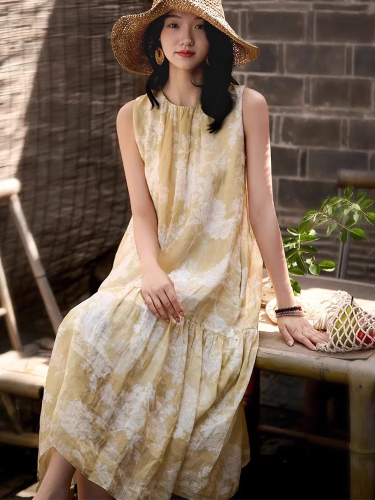 

ROUJE KEFSS Summer Casual Loose Cotton Linen Svel Vest Dr High Waist A-Line Midi Skirt for Women round Ne