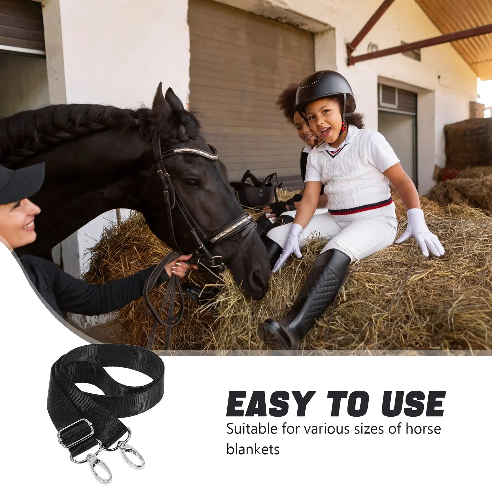 2Pcs Adjustable Elastic Horse Blanket Leg Straps Double Swivel Snap Hooks Winter Slip-Resistant Secure Fit for All Sizes Black