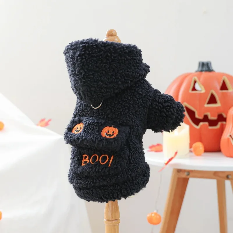 1 قطعة سترة رأس اليقطين هالوين ملابس الحيوانات الأليفة الكلب القط الصوف سميكة شتاء دافئ أسود مقنعين سترة