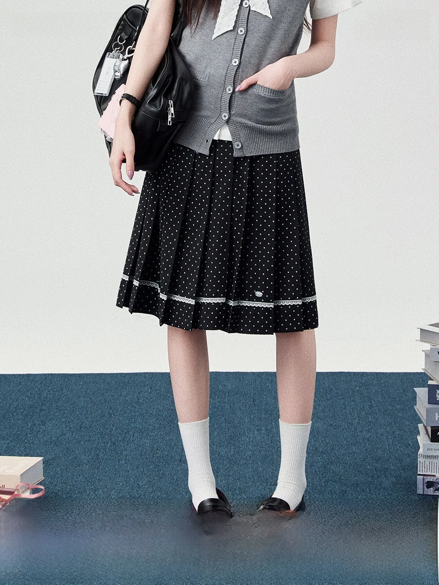 

High Waist Black Polka Dot JK Uniform Skirt Spring Women's Fashion Gingham Pleated Long Skirt Standard Fit Daily Wear