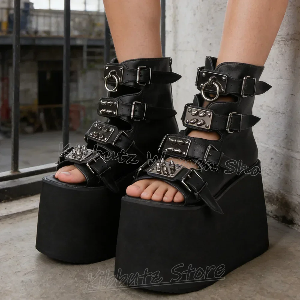 Metall-Dekor Plateau-Sandaletten Knöchelstiefel aus Leder Einfarbig mit Gürtelschnalle Damenschuhe Runde Zehenkappe Höhenerhöhend Luxuriös Sommer Neu