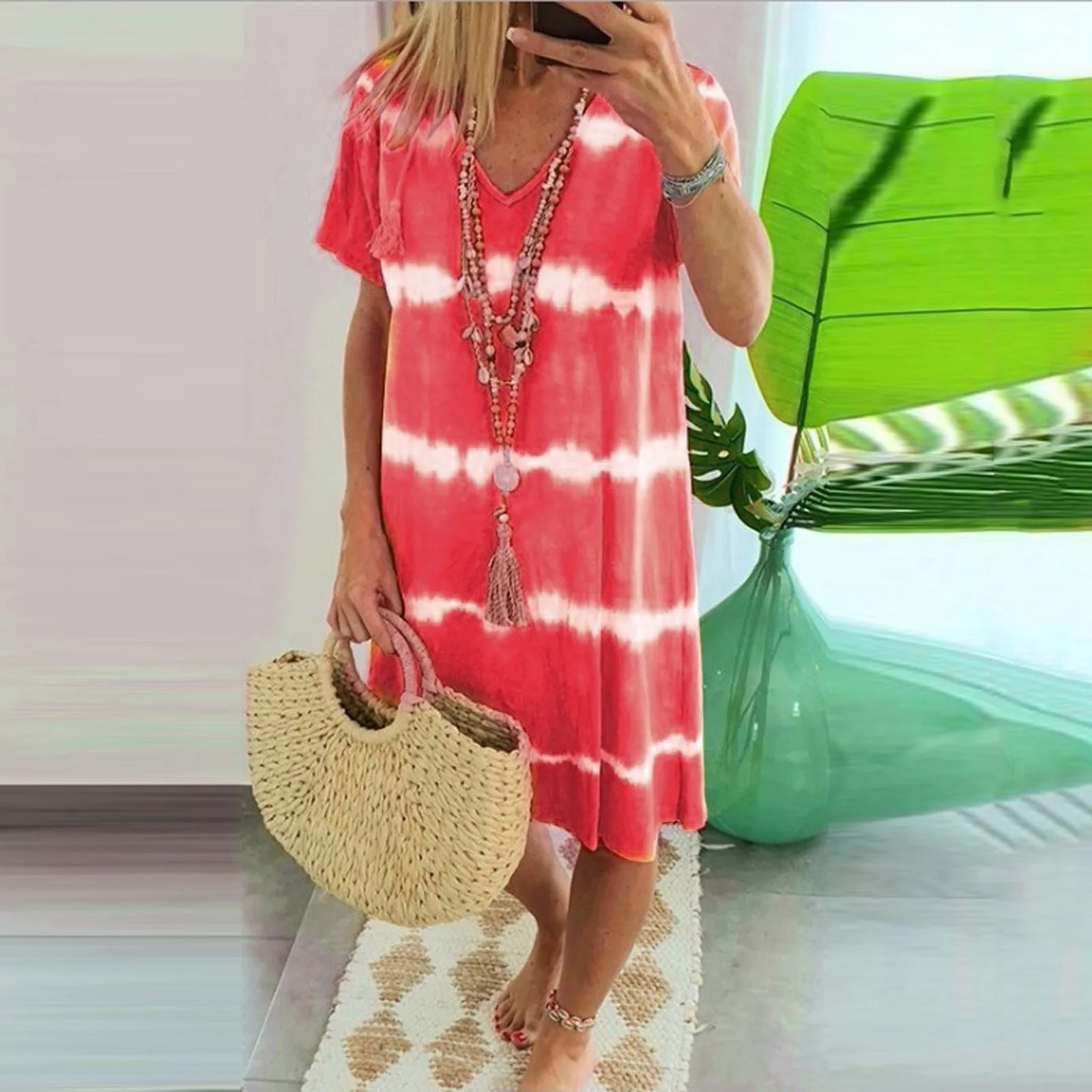 

Women'S Fashion V-Neck Striped Print Dress Plus-Size Loose Comfortable Dress Simple Color Combination Mid-Length Dress