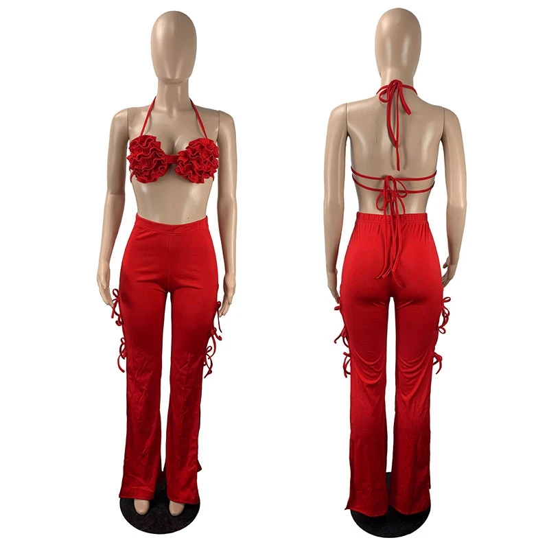 Summer Two Piece Pants Set Women Elegant Flowers Crop Top + Wide Leg Pants Suits Matching Sets Sexy Club Beach Outfits for Women