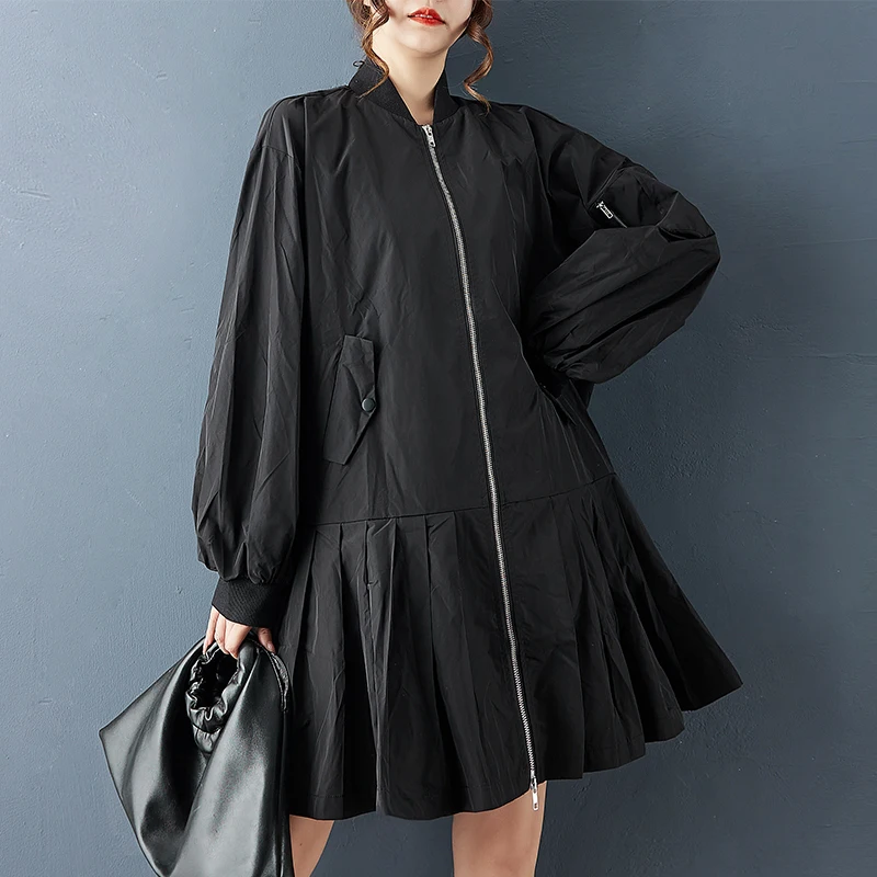 معطف أسود عتيق كبير الحجم للنساء جديد مرقع مطوي ملابس خارجية فضفاضة غير رسمية سترة ملابس ربيع خريف 2025