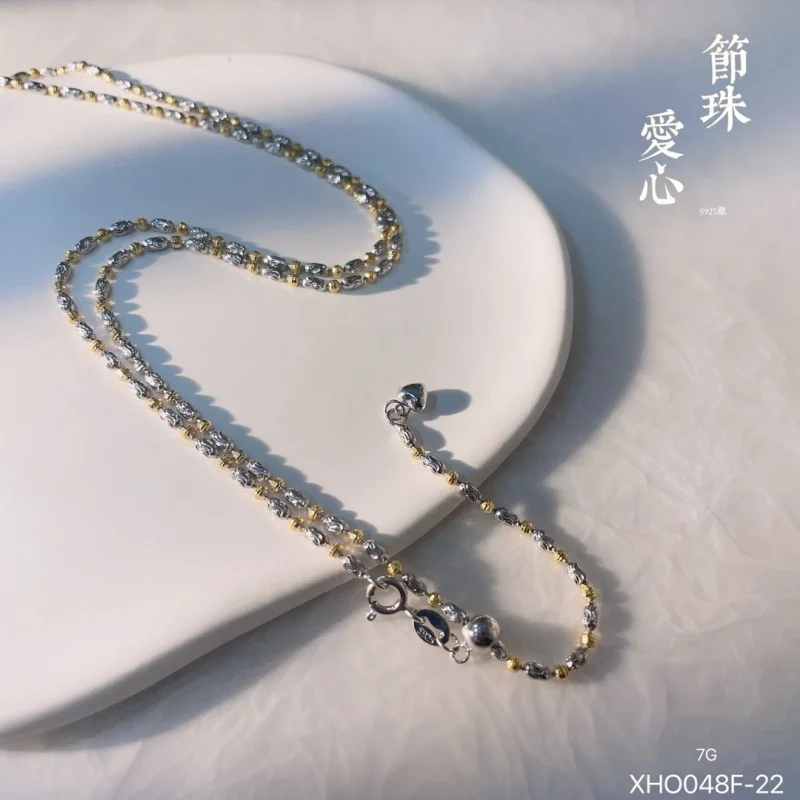 S925 Silver Two-tone Beaded Heart Necklace Electroplated Shiny Long Olive Sweater Clavicle Chain