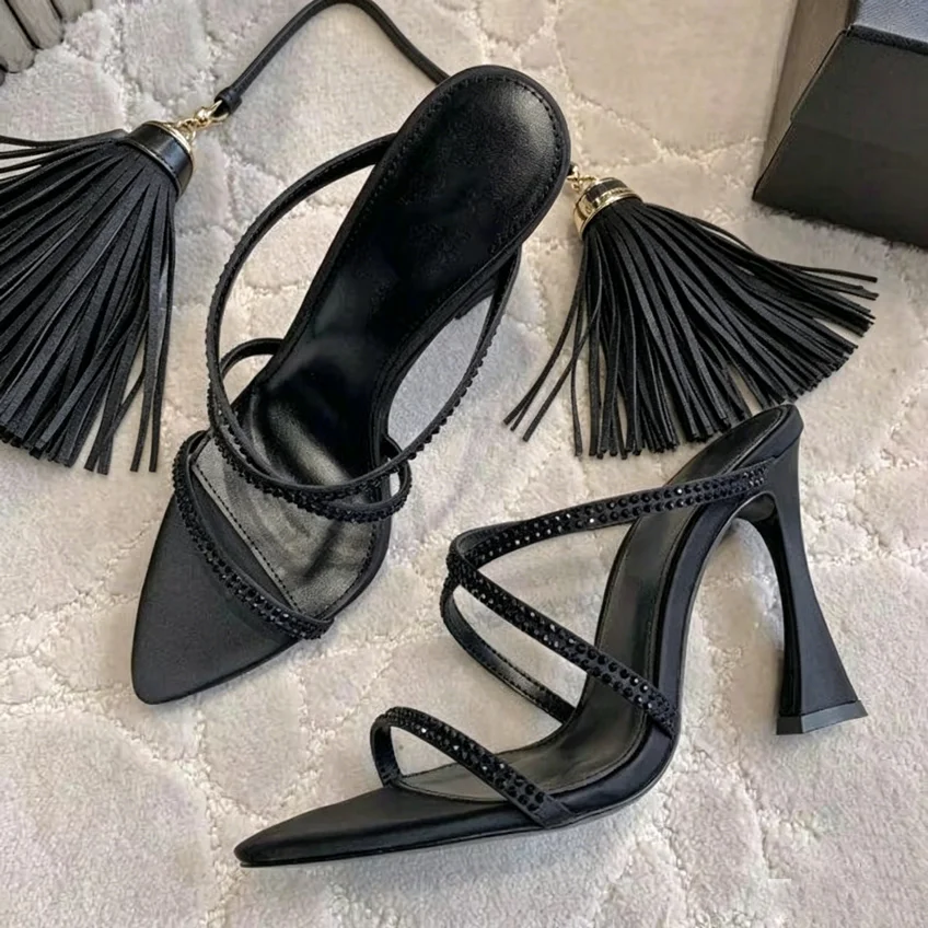 7 and 9Cm Heeled Rhinestone Sandals Women Crystal Slip On Mules Women High Heel Sparkling Pointed Toe Sexy Dress Party Shoes