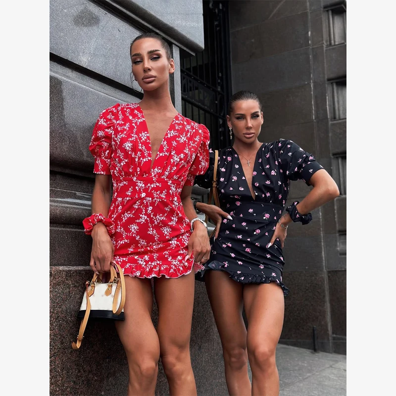 Chic Printed Slim Fit Mini Dress Women Elegant V-neck Puff Short Sleeves Waist Cinching Dresses 2026 Summer Lady Party Robes New
