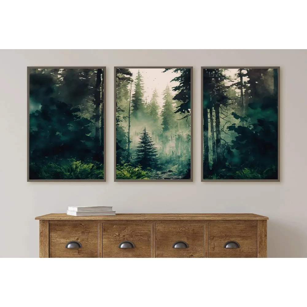 3pcs frameless Canvas Painting 3 Pcs Frameless Sage Green Gable Art, Watercolor Mountain Scenery,Abstract Nature Printable,Moder