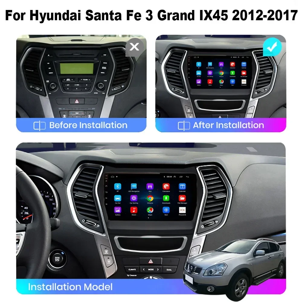 2 Din Android 13 รถวิทยุสเตอริโอเครื่องเล่นวิดีโอมัลติมีเดียสําหรับHyundai Santa Fe 3 Grand IX45 2012-2017 นําทางGPS 4G Carplay