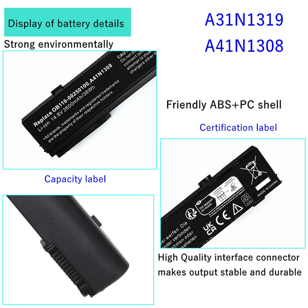 

Laptop battery For ASUS X451 X551 X451C X551C X451CA X551CA X551M X551MA A41N1308 A31N1319 A31LJ91 X45LI9C