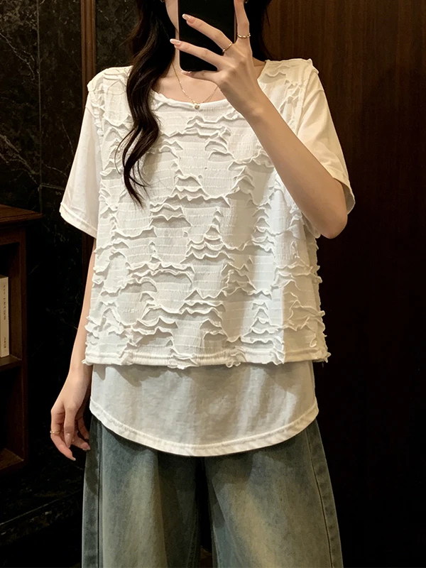 

Loose Short Sleeve T-Shirt plus Size Summer New Style Women's Clothing Hollow out Shoulder High Waist Line Body Concealing Top