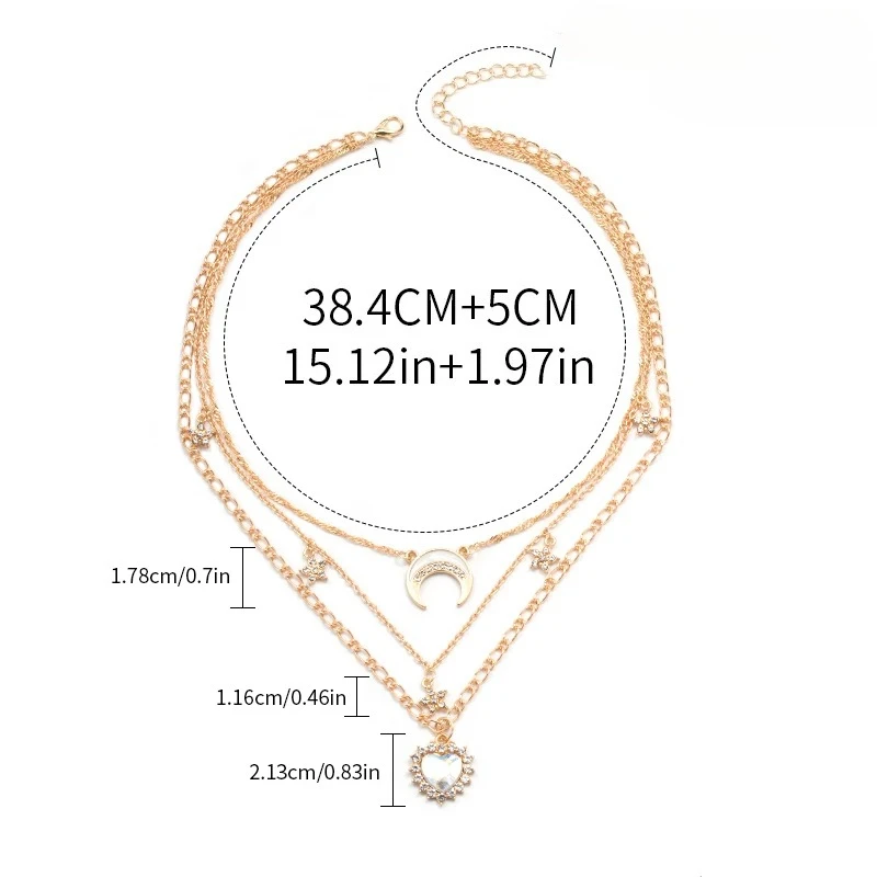 Multi Layer Gold Color Alloy Necklace Heart Moon Star Pendant Necklace Layered Synthetic Diamond Star Moon Choker Necklace For W