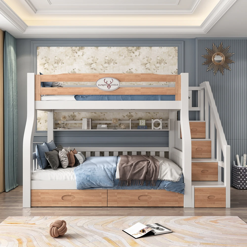 Meubles de chambre à coucher bon marché pour enfants, lit de dessin animé en bois massif, lit superposé pour enfants, rangement d'escalier, table d'étude avec glissière