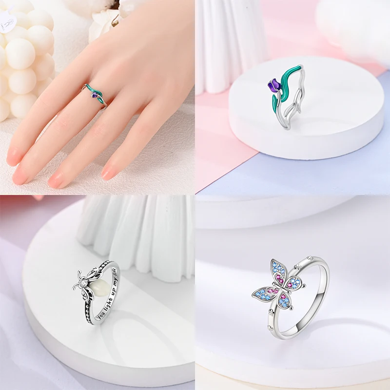 Rings For Women 925 Sterling Silver Tulip Lotus Flower Butterfly Firefly Sweet Romantic Spring Wedding Anniversary Fine Jewelry image 3