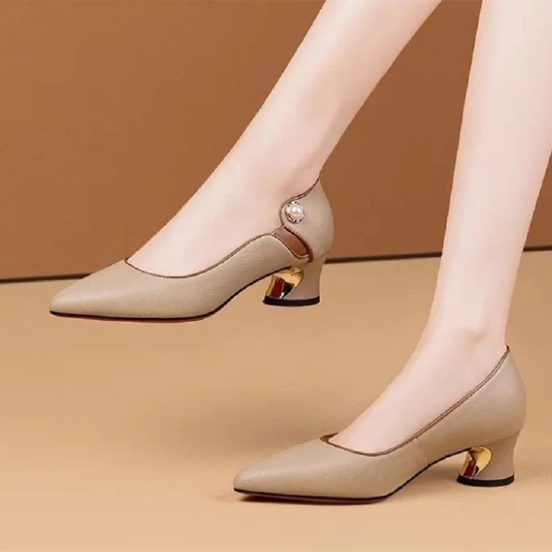 women cute soft pu leather beige office career square heel shoes lady fashion comfort apricot heel shoes sapatos femininas ba87