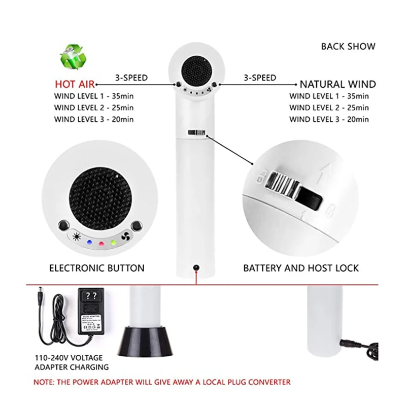 Secadores de cabelo recarregáveis feminino leve usb bateria de lítio sem fio portátil secador de cabelo bateria ar quente e frio