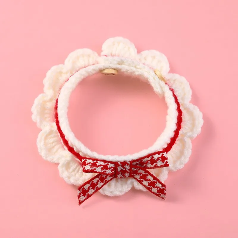 Cute Bow-knot Hand-knitted Saliva Towel  Kitten Cat Puppy  Adjustable Collar Pet Decorative Dog Cat Collar Pet dog Accessories