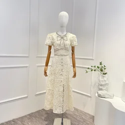 2023 New Fashion Vintage Butterfly White Hollow Out Lace Short Sleeve Midi Dress for Women