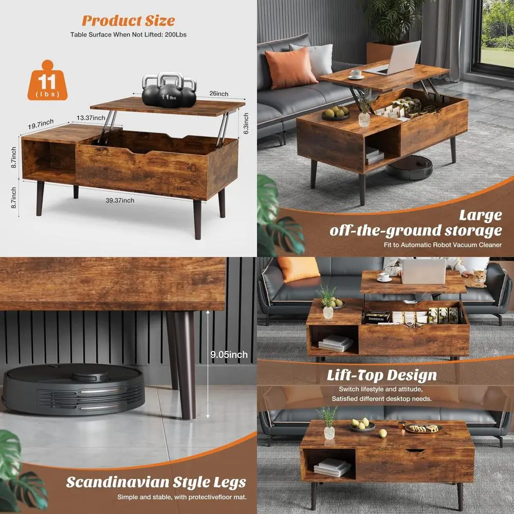 

Elevating Wooden Coffee Table with Storage, Compact Living Room Furniture in Brown