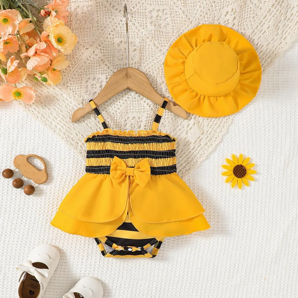 Bodysuit for 1-18Months Newborn Baby Girl Yellow Striped Bee Set Cute Clothing with Sun Hat Summer Leisure Set Toddler Jumpsuit