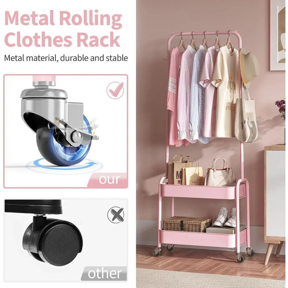 ราวแขวนเสื้อผ้าเด็กแบบพกพาพร้อมตะกร้าโลหะและที่เก็บของแบบมีล้อสำหรับตู้เสื้อผ้าเด็ก