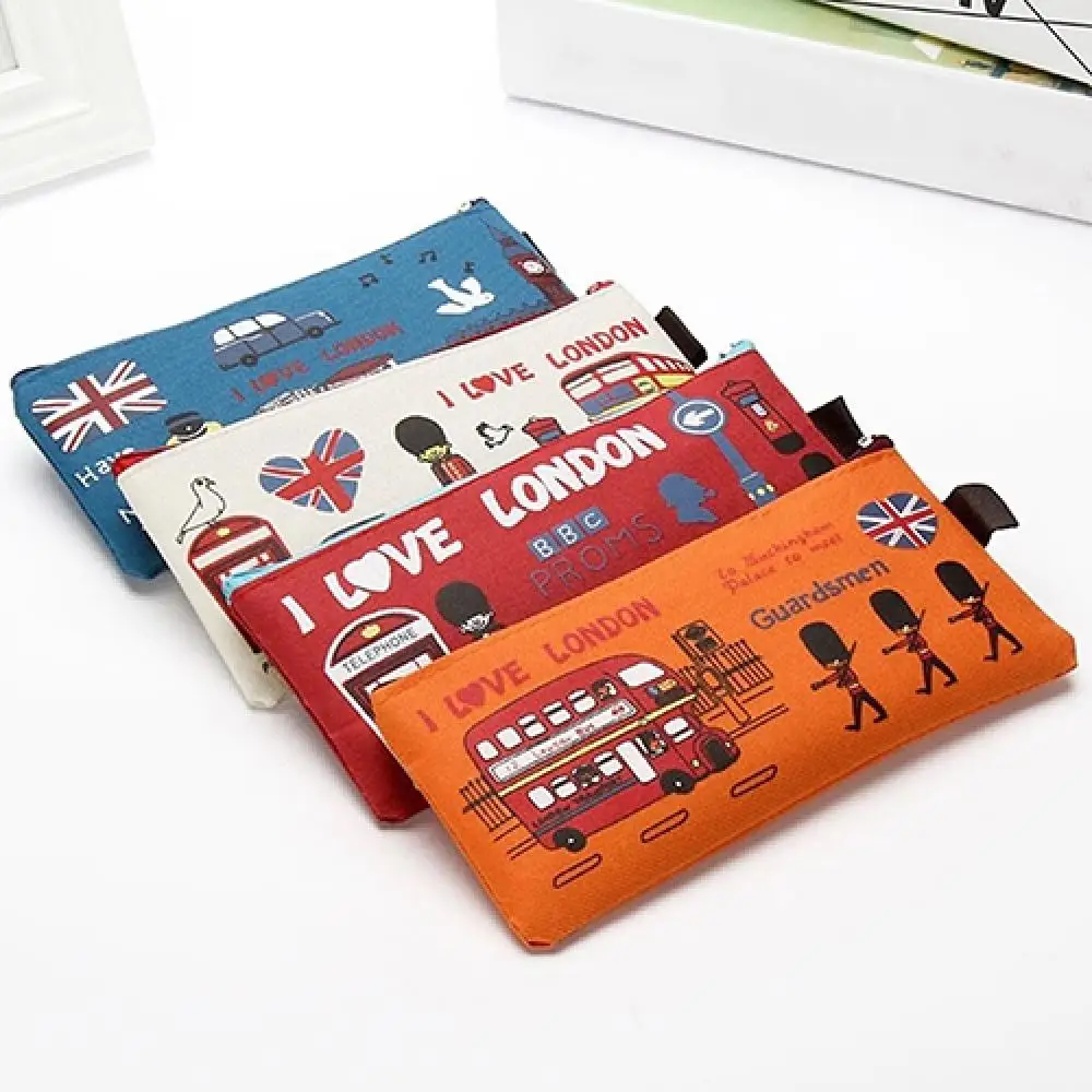 20 X 9cm Students Pencil Bag Pen Case Cartoon London Style Zipper Cosmetic Pouch Coin Purse Large Capacity Children's Pencil Bag
