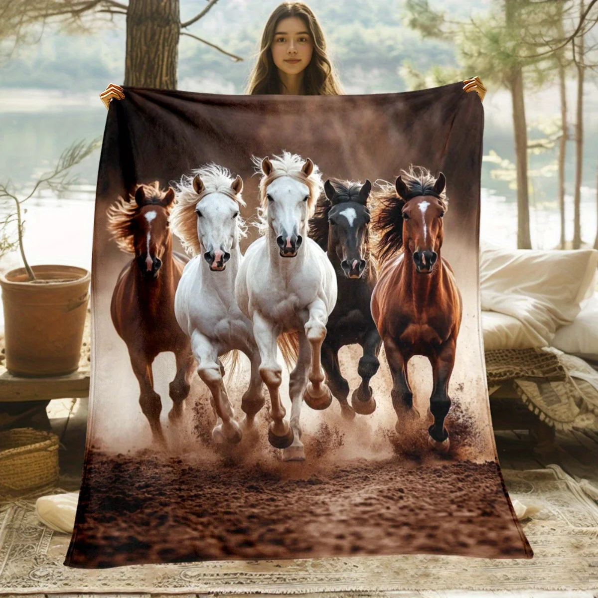 Running Wild Horses Decorative Throw Blanket  Rustic Wildlife Art Design for Home Sofa Bedroom Decor