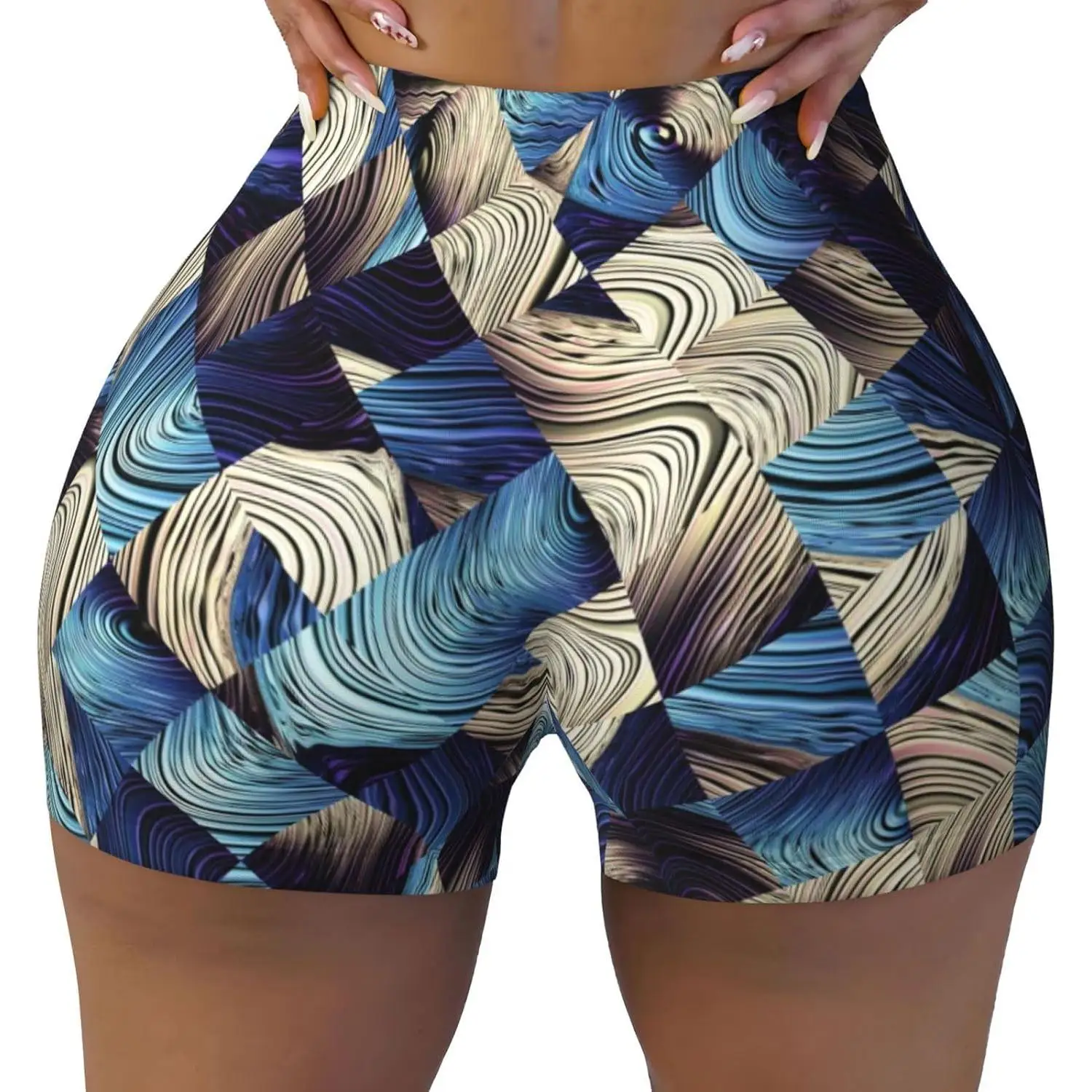 شورت تجريدي مطبوع عليه مربعات زرقاء للنساء في صالة الألعاب الرياضية واليوجا والجري والرياضة النشطة واللياقة البدنية #1