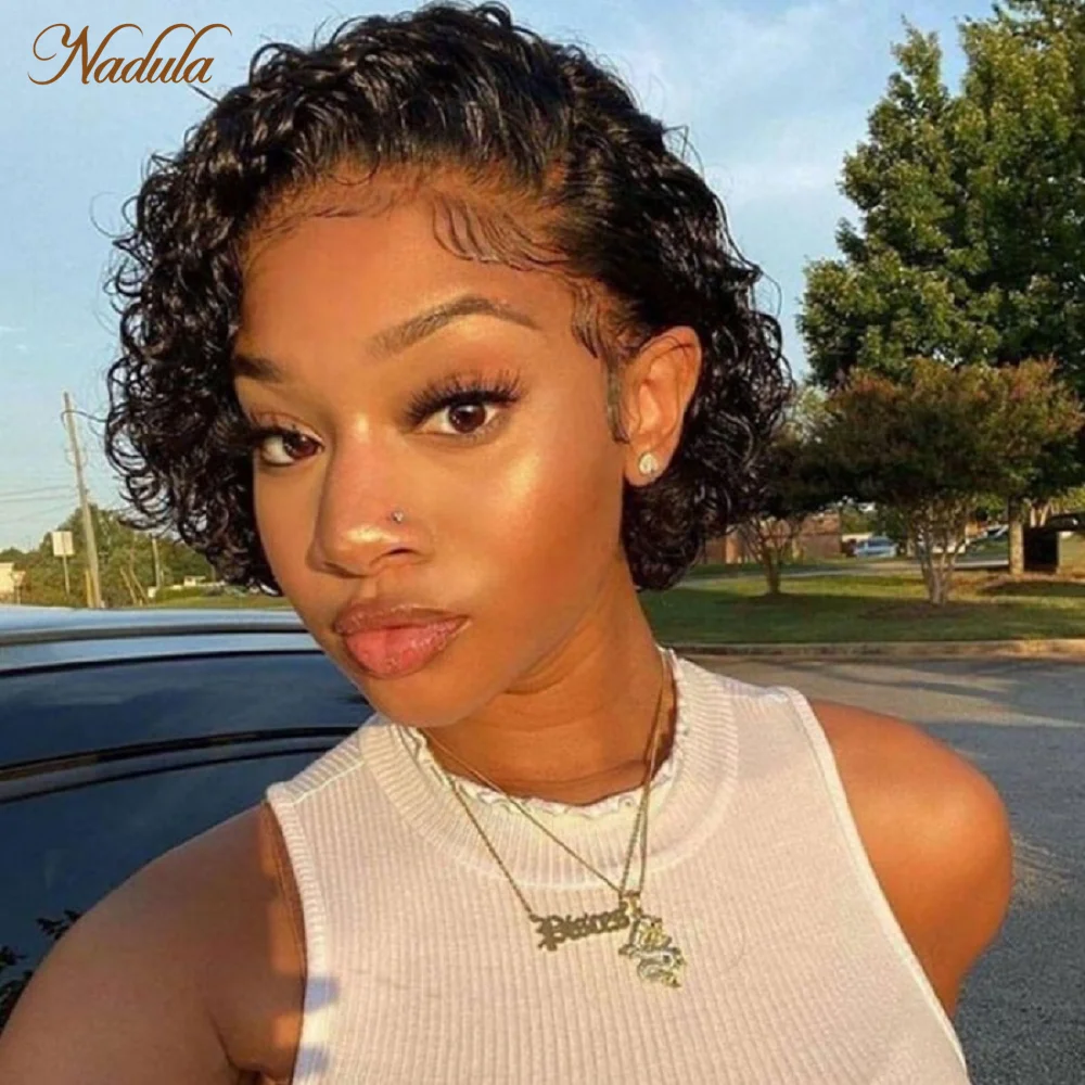 Nadula Hair 13x1 Lace Wig Pixie Cut Short Curly Bob Wigs for Women Wig 100% Human Hair  6 inchs Wavy Afro Wigs