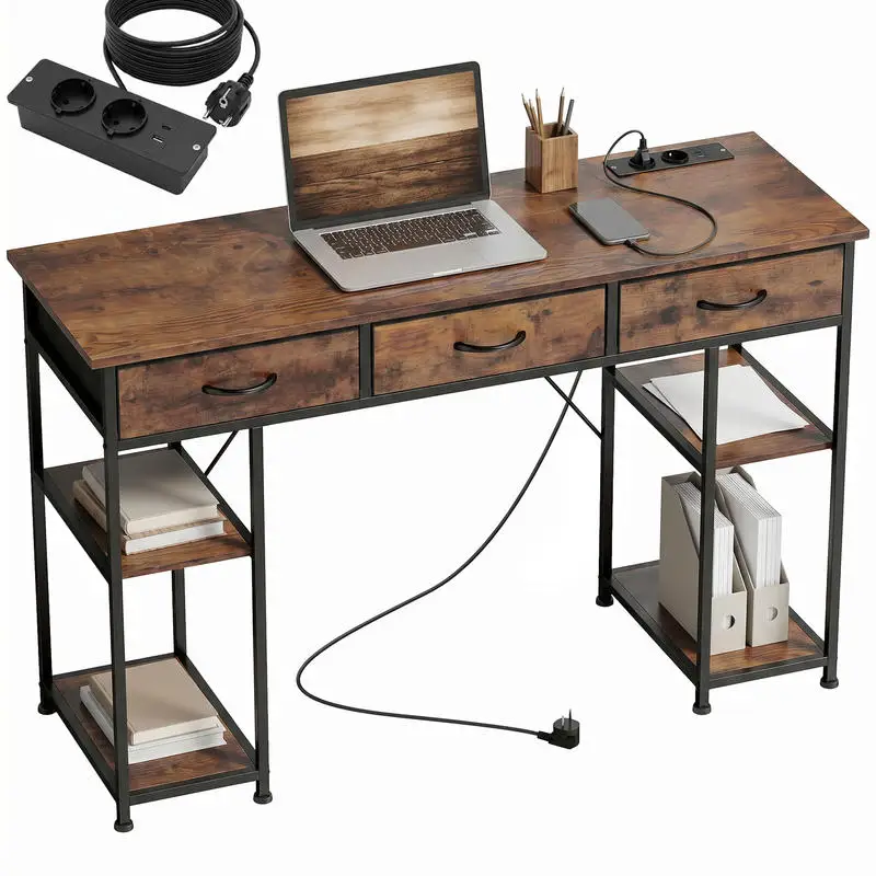 Bureau avec rangement et prises de courant, 3 tiroirs en tissu et 4 étagères de rangement, 120 x 40 x 76 cm, marron