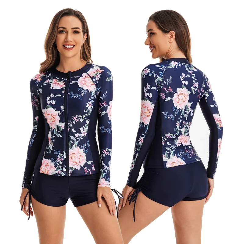 Split Boxer Surfing Suit Women's Swimsuit Long-Sleeved Swimsuit Zipper Cardigan Women's Tankini Oni Flower121045