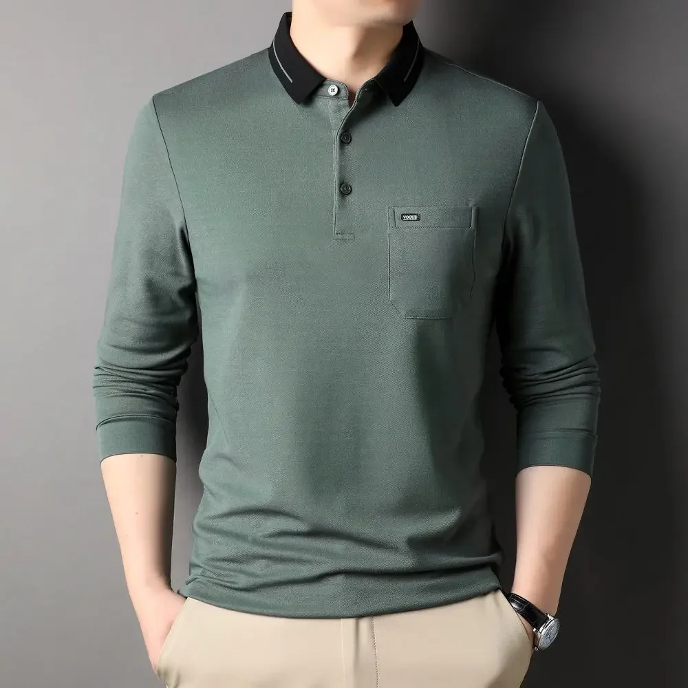 Spring And Autumn New Long-Sleeved T-Shirt Men's Pocket Casual Top Bottomed Polo-Shirt Thin Neckline Contrast R5015