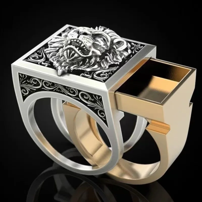 Fashionable Retro Domineering Lion Set Ring Ring Creative Invisible Storage Box Ring Security Protection