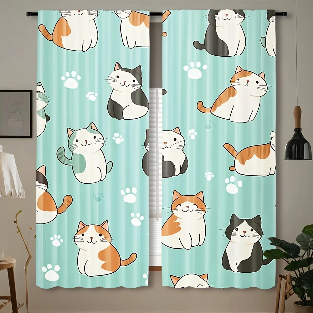Light Cyan Stripe Multi Color Cat Blackout Rod Pocket Curtain White Paw Print Decor Pet Lover Homestay Bedroom Rest Bay Window