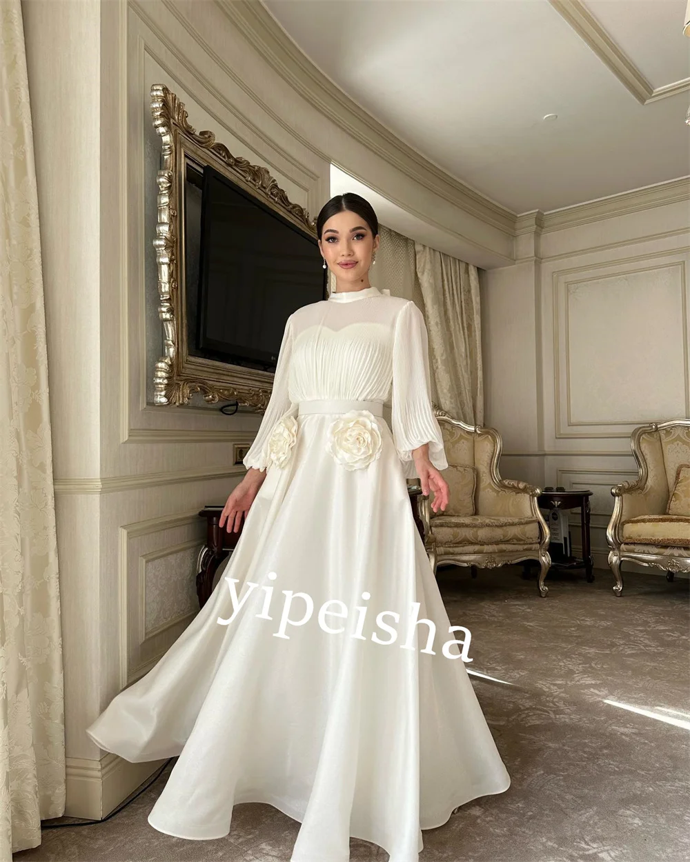 Jersey Draped Flower Formal Evening A-line High Collar Bespoke Occasion Gown Long Dresses