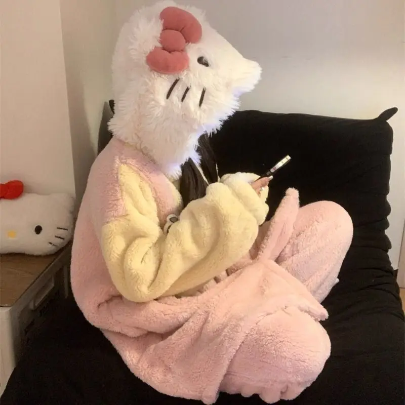 

Kt Women Hooded Pajama Set Winter Sanrio Kitty Fleece Lined Thickened Warm Cute Students Coral Fleece Homewear Cozy Sleepwear