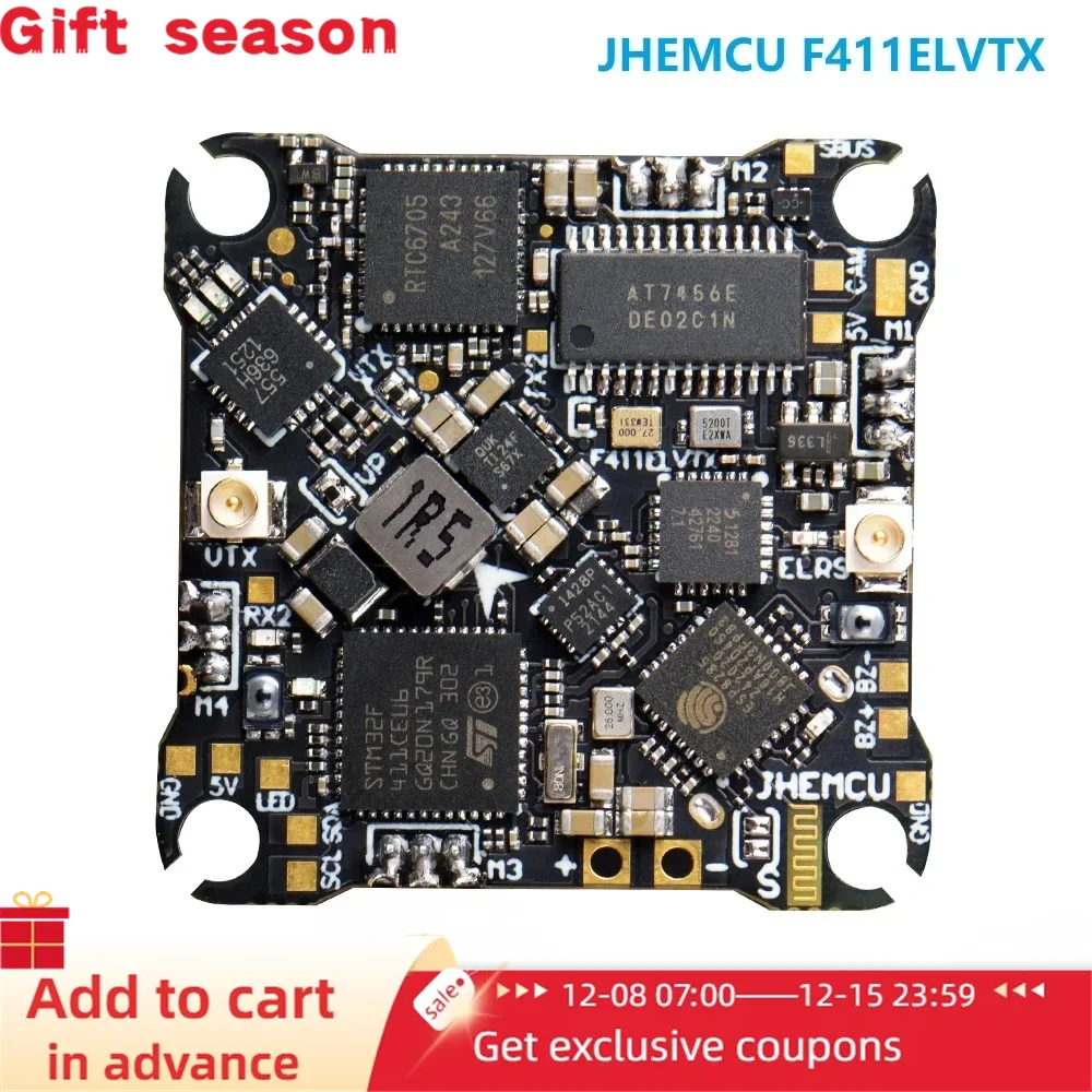 JHEMCU F411ELVTX F411 Flight Controller 12A 4in1 ESC 5.8G 400mW VTX ELRS 2.4G RX AIO 25.5X25.5mm 1-2S for FPV Drones