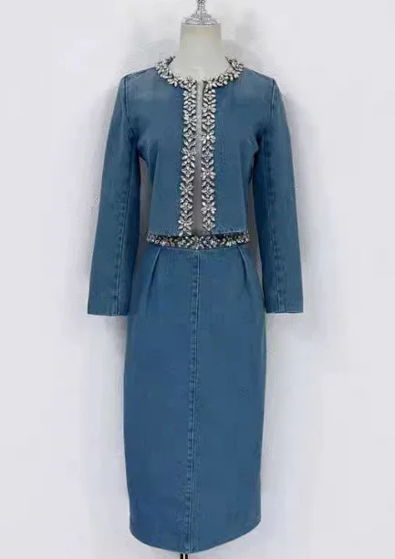

Tops and Diamonds Skirt Set Cotton 2025 High Quality Blue Long Sleeve Diamonds Denim Jacket