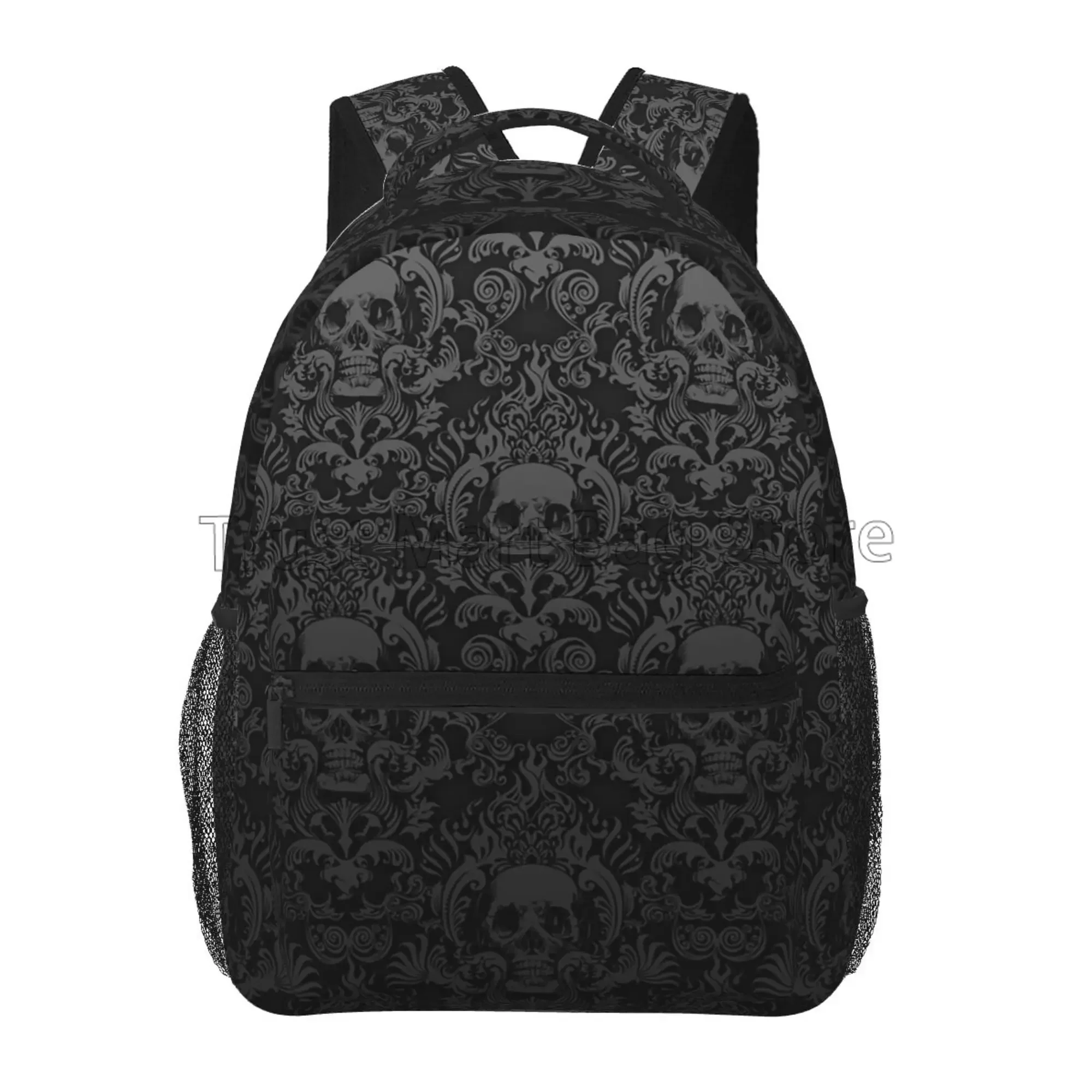 Unisex Goth Gothic Black Skull Damask Pattern Backpack, Mochilas para Laptop Casual, Mochila Escolar, Viagem, Caminhadas, Camping, Mochila